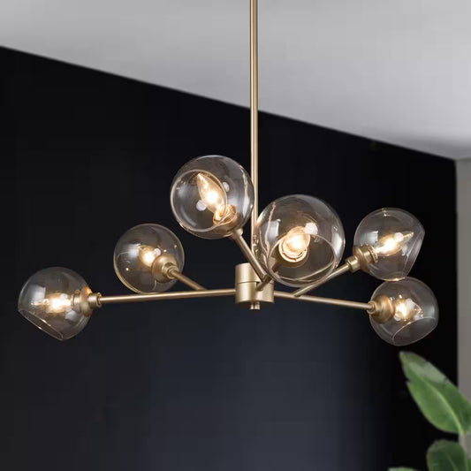Modern Gold Dining Room Chandelier, Bubble 31.5 In. 6-Light Farmhouse Sputnik Bedroom Chandelier with Clear Glass Shades