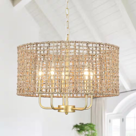 18.89 In. 5-Light Golden Bohemian Pendant Design Drum Chandelier with Natural Rattan Shade and No Bulbs Included