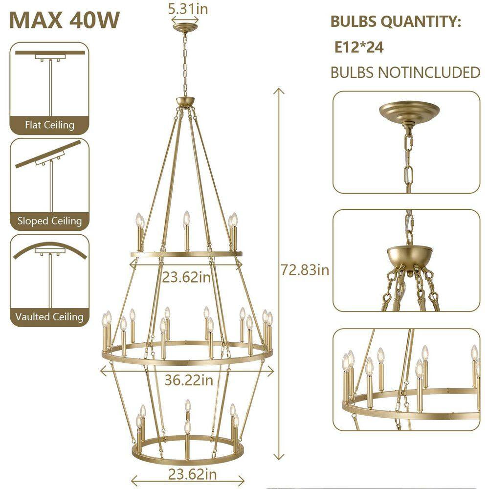 Modern 24-Light Gold 3-Tier Wagon Wheel Farmhouse Industrial Chandelier Rustic Candle Pendant Light