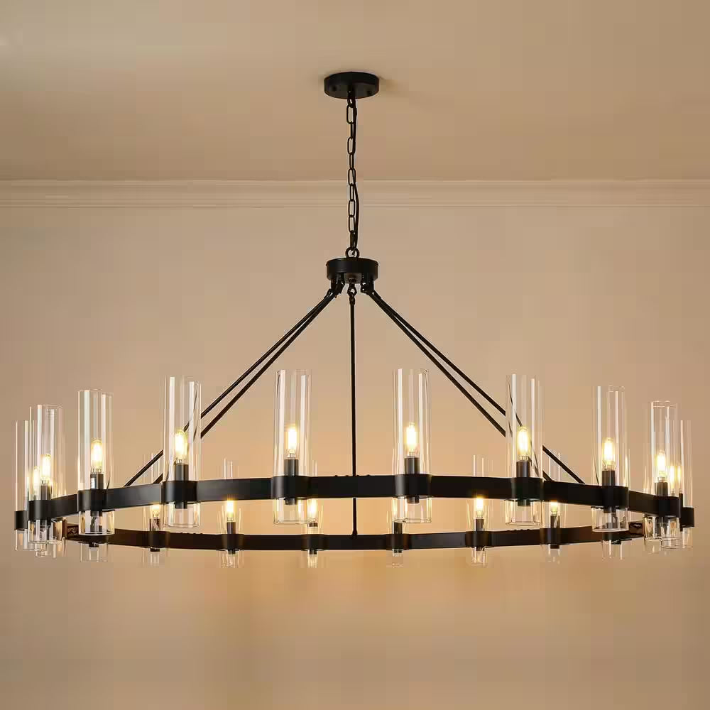 Farmhouse Chandelier 60 In. 20-Light Black Wagon Wheel Chandelier for Dinning Room, Kitchen Island, Foyer, Bedroom