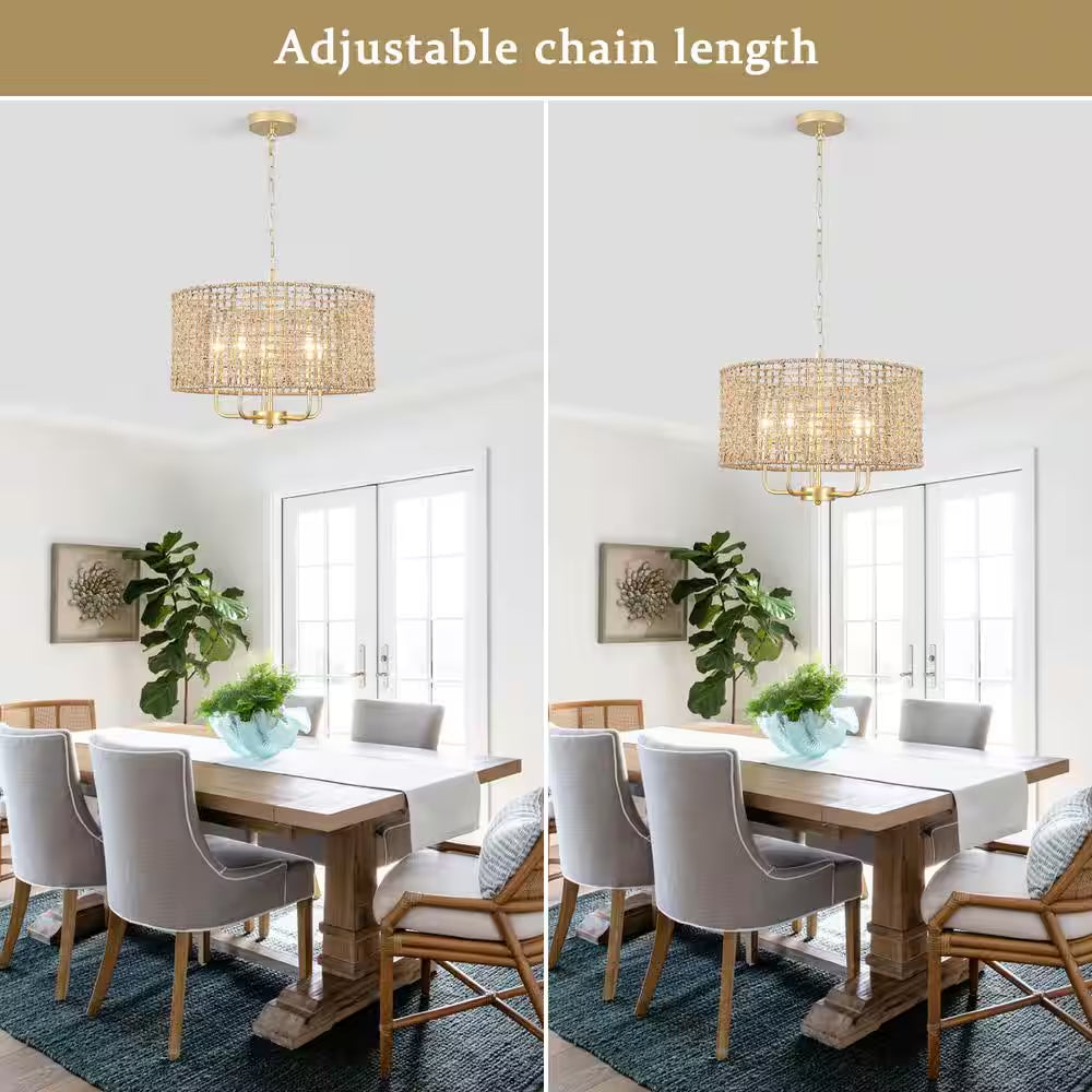 Nevarez 18.9 In. 5-Light Gold Bohemian Pendant Natural Rattan Dimmable Chandelier with Hand Woven Drum Shade