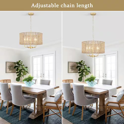 Nevarez 18.9 In. 5-Light Gold Bohemian Pendant Natural Rattan Dimmable Chandelier with Hand Woven Drum Shade
