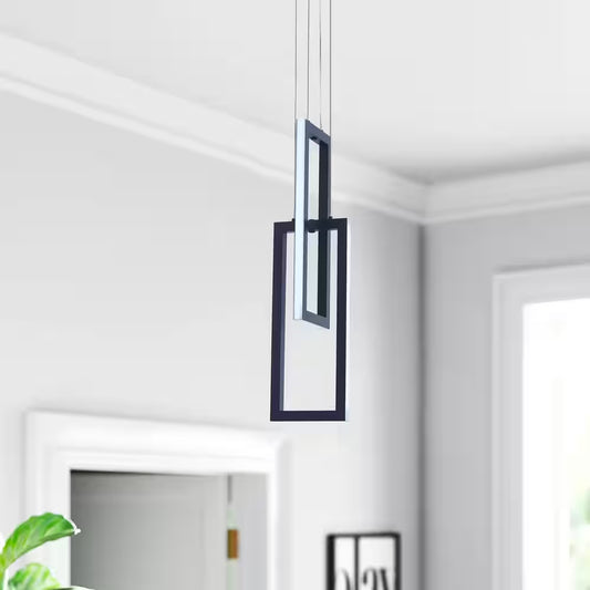 32-Watt 2-Light Square Black Integrated LED Pendant Light Adjustable Contemporary Chandelier