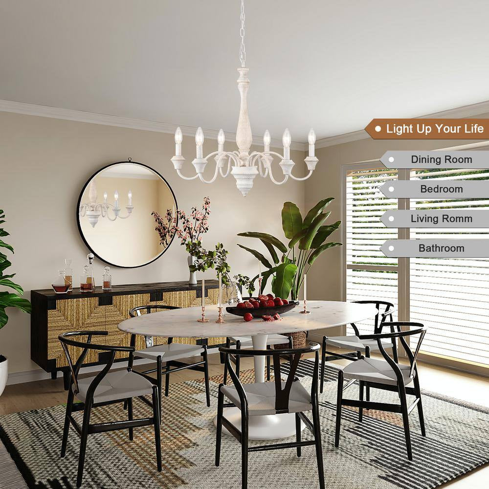 6-Light Distressed White Classic Chandelier for Dining Room Candle Light Fixture