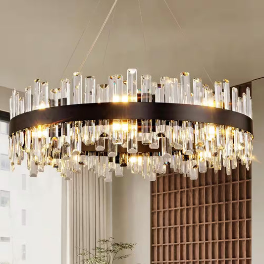 31.5 In. 16-Light Black Crystal Chandelier, Modern round K9 Crystal Hanging Pendant Ceiling Light Fixture