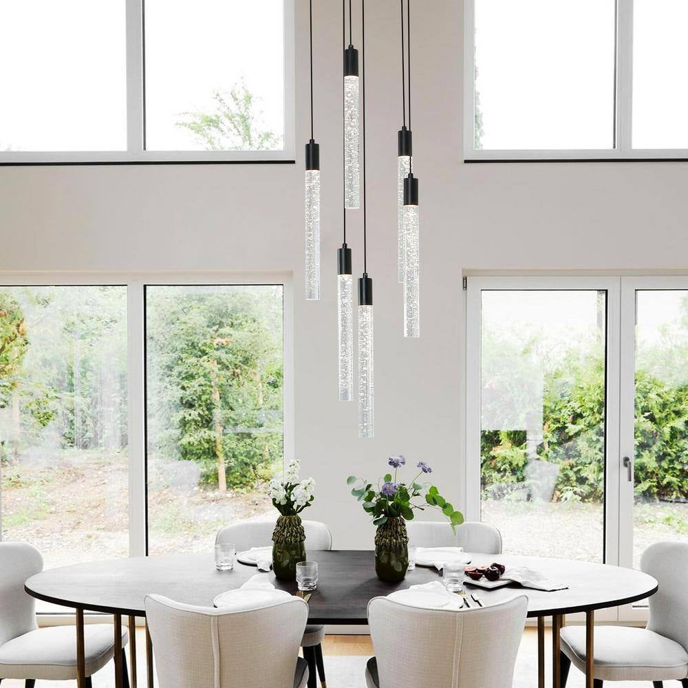 6-Light Dimmable Integrated LED Black Crystal Chandelier for Stairs Dining Room Hallway