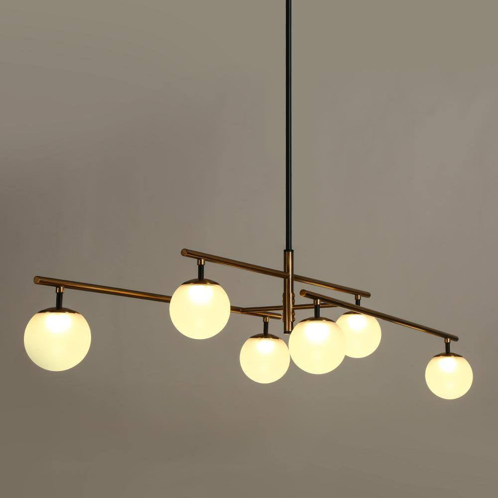 Transitional 6-Light Brass Linear Integrated LED Island Pendant Light, Globe Frosted Glass Chandelier for Dining Room