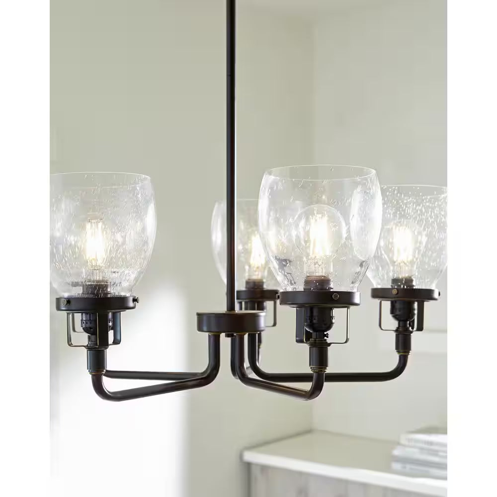 Belton 5-Light Bronze Transitional Industrial Hanging Chandelier with Clear Seeded Glass Shades