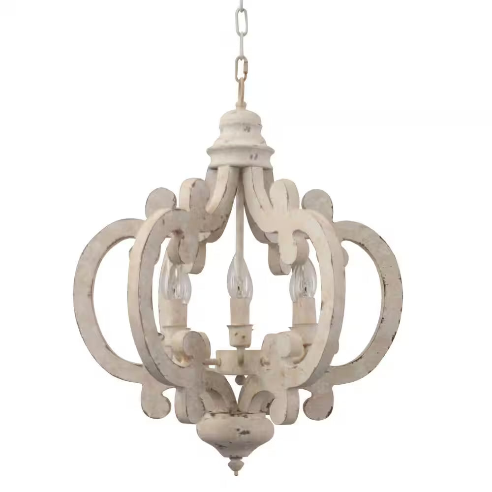 Voitto Cottage Chic Crown 6-Light Distressed White Wood Chandelier with Farmhouse Wooden Pendant
