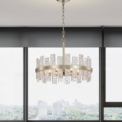 Eva 18.1 In. in Diameter 6-Light Brushed Champagne Silver Drum Glass Strip Chandelier