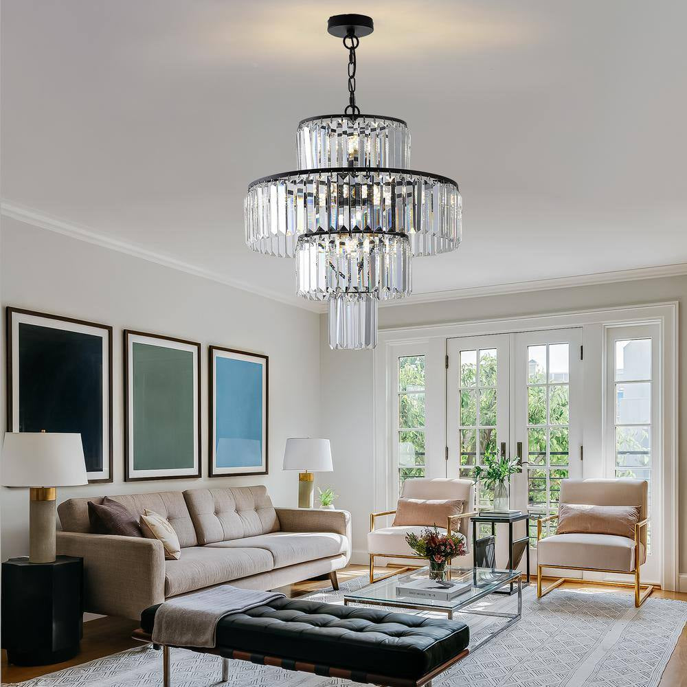 12-Light Black Crystal Chandelier Design round Chandelier for Dining Room Bedroom Living with No Bulbs Included