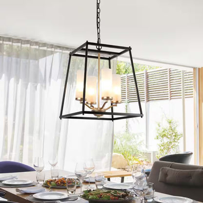 Industrial 4-Light Black Rectangle Chandelier with Frosted Glass Shades, Transitional Gold Pendant Light for Dining Room