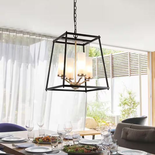 Industrial 4-Light Black Rectangle Chandelier with Frosted Glass Shades, Transitional Gold Pendant Light for Dining Room