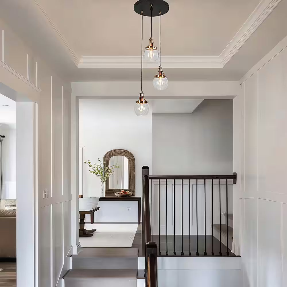Transitional 3-Light Black and Plated Brass Cluster Chandelier with Clear Globe Glass Shade Foyer Hanging Pendant
