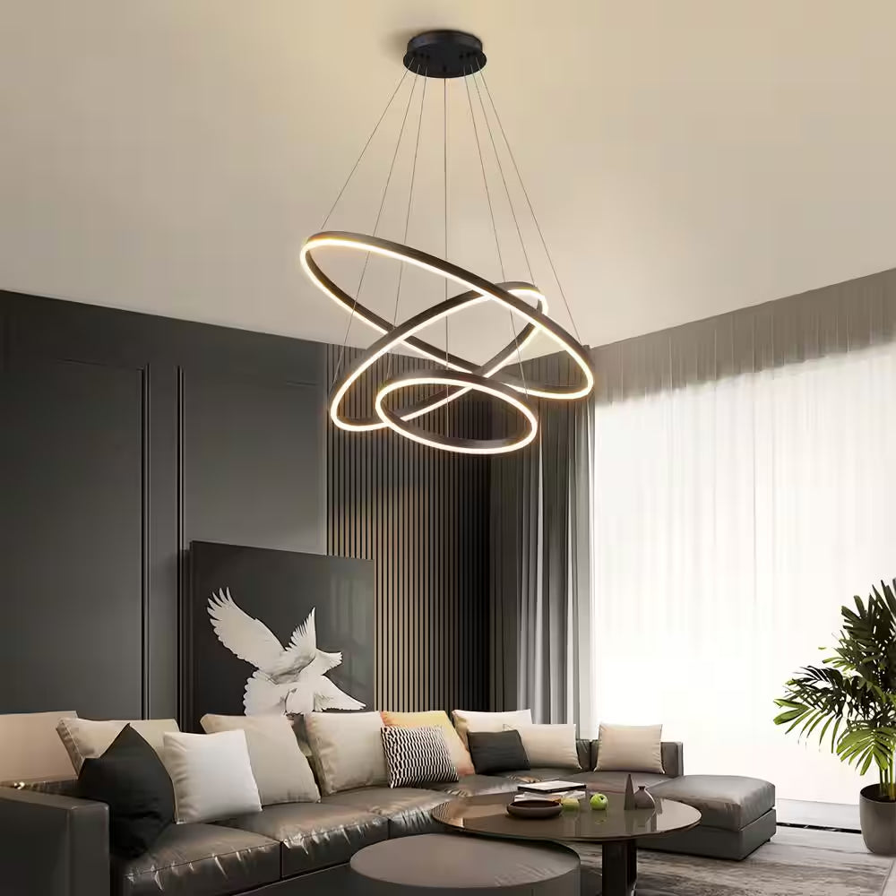 31 In. 3-Light Modern Black Geometric Adjustable Styling Tiered Integrated LED Chandelier for Bedroom and Kitchen Island