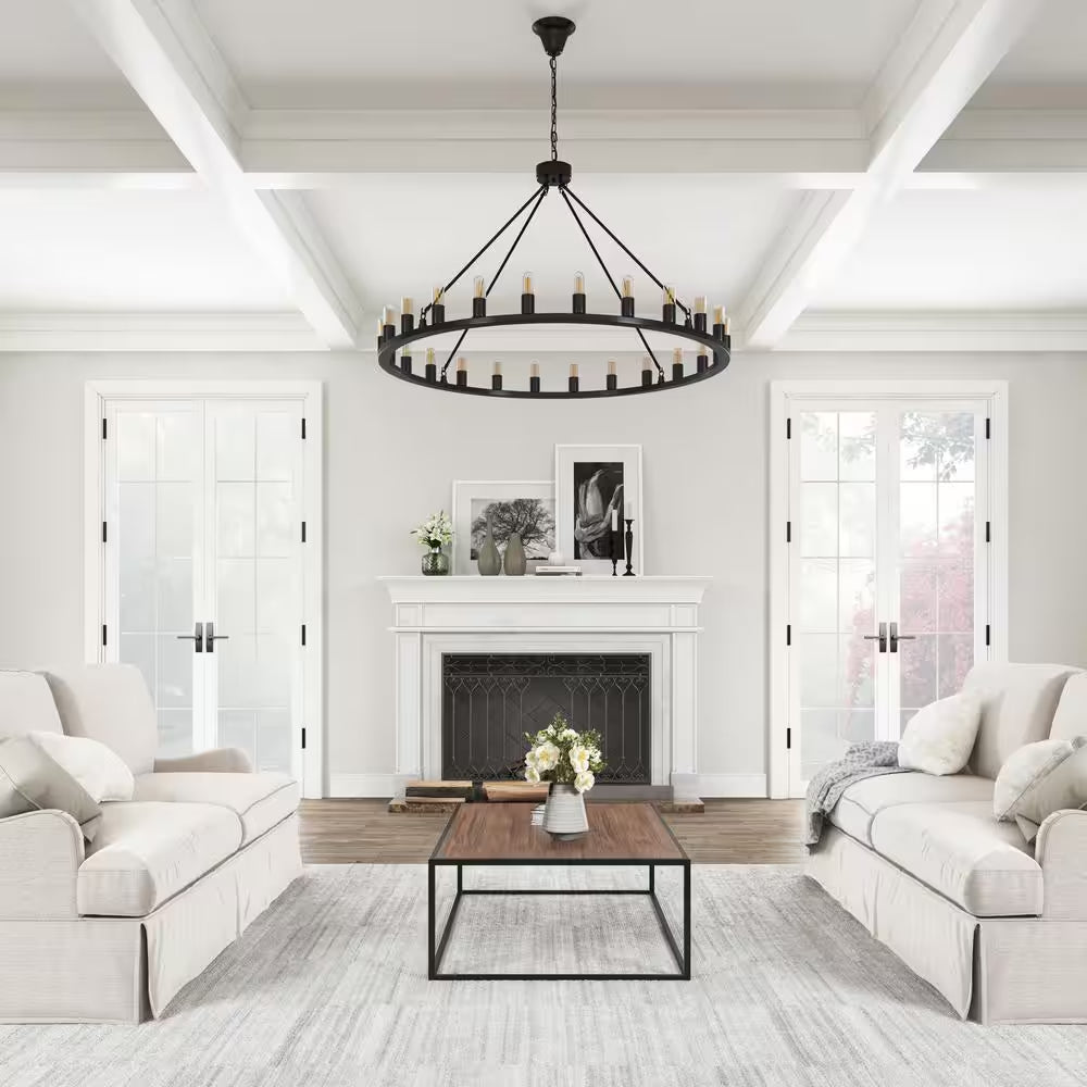 Industrial 24-Light Vintage Black Wagon Wheel Chandelier