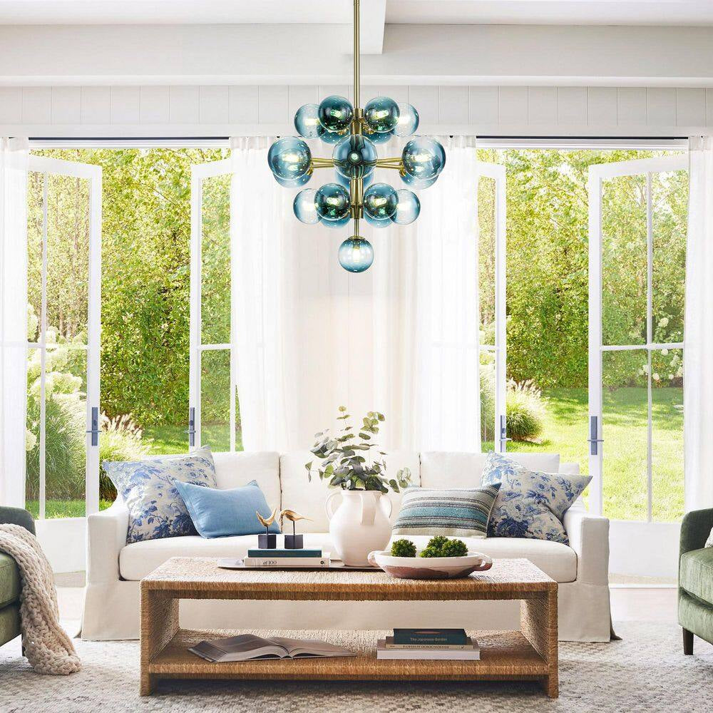 Alex 19-Light Brushed Gold Modern Glam Tiered Cluster Gradient Blue Glass Globe Bubble Chandelier for Dining Room