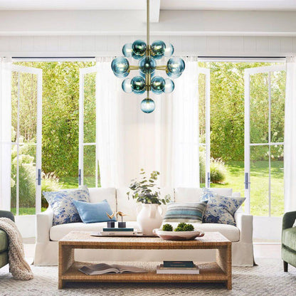 Alex 19-Light Brushed Gold Modern Glam Tiered Cluster Gradient Blue Glass Globe Bubble Chandelier for Dining Room