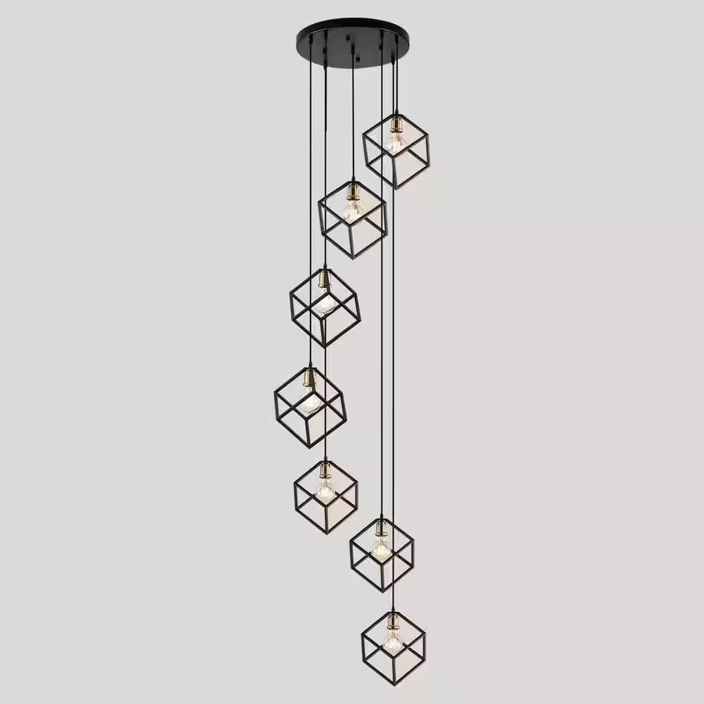 Rekha 7 Light Stairway Chandelier Black Geometric Cluster Pendant, Adjustable Cube Height, Staircase Minimalist Lamp