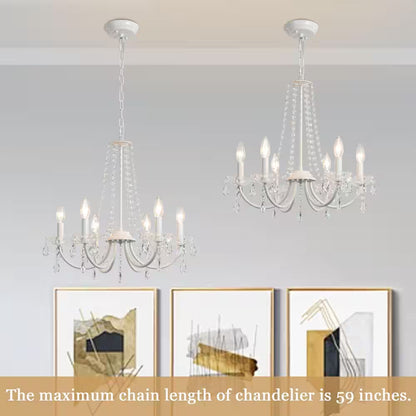 6-Light White Traditional Candle Style Crystal Chandelier for Dining Room Living Room with No Bulbs Included