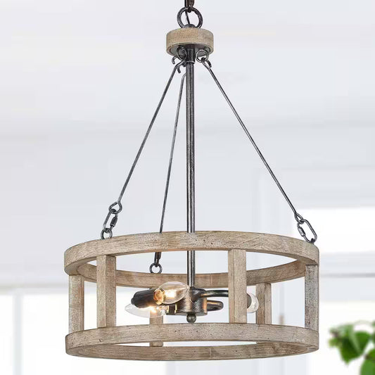 Drum Wood Chandelier, Rustic 3-Light Brown Caged Chandelier round Island Pendant Light Farmhouse Chandelier