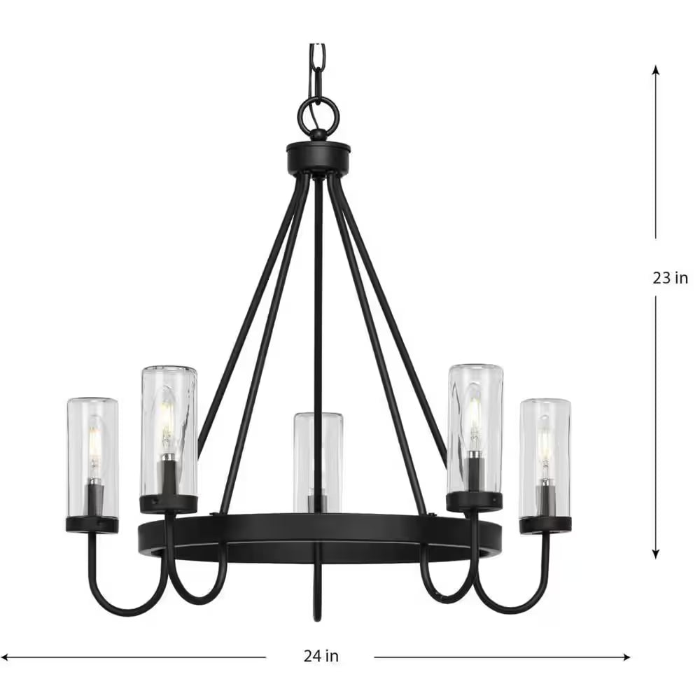 Swansea Collection 4-Light 24 In. Matte Black round Transitional Outdoor Chandelier with Clear Glass Shades
