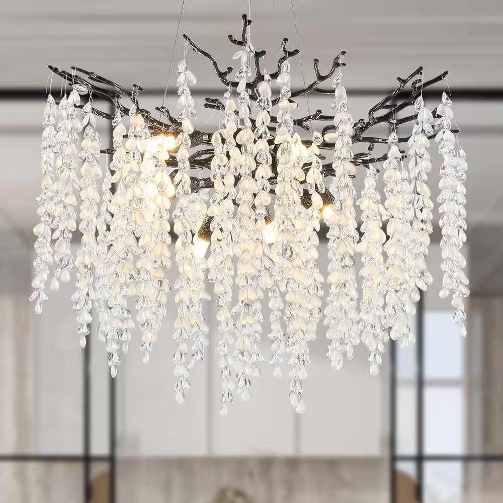 24" 8-Light Modern Crystal Chandelier Black Tree Branch round Chandelier for Dining Room, Living Room, Bedroom, Entryway