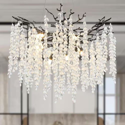 24" 8-Light Modern Crystal Chandelier Black Tree Branch round Chandelier for Dining Room, Living Room, Bedroom, Entryway