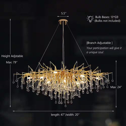 Modern Chandelier 47 In. 13-Lights Gold Luxury Crystal Globe Linear Chandelier for Dining Room, Kitchen Island, Foyer