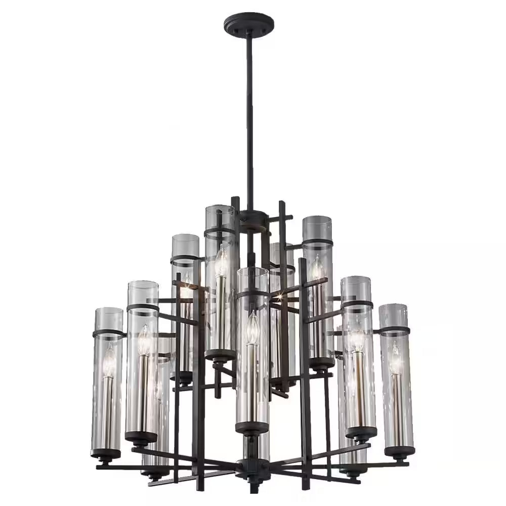 Ethan 12-Light Antique Forged Iron/Brushed Steel Contemporary Industrial Multi-Tier Hanging Candlestick Chandelier