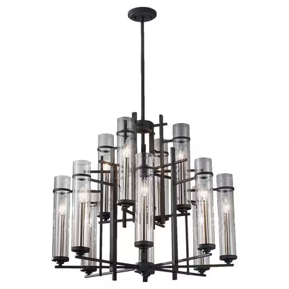 Ethan 12-Light Antique Forged Iron/Brushed Steel Contemporary Industrial Multi-Tier Hanging Candlestick Chandelier