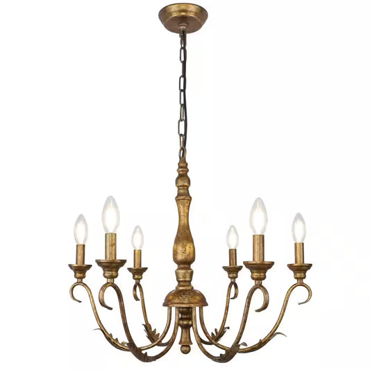6-Light Distressed Brass Candle Style Farmhouse French Country Chandelier 23.62 In. for Dining Room Bedroom