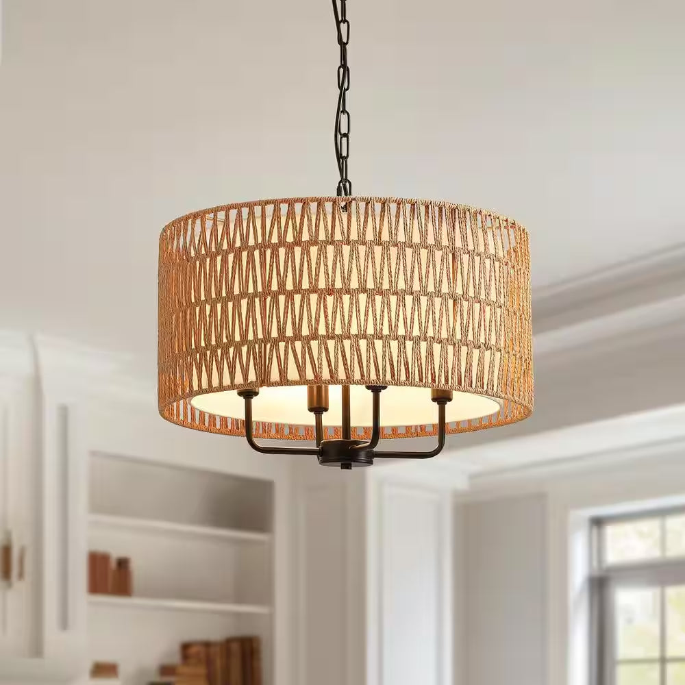 19.7 In. 4-Light Rattan Yellow Bohemian Chandelier for Foyer Dining Room
