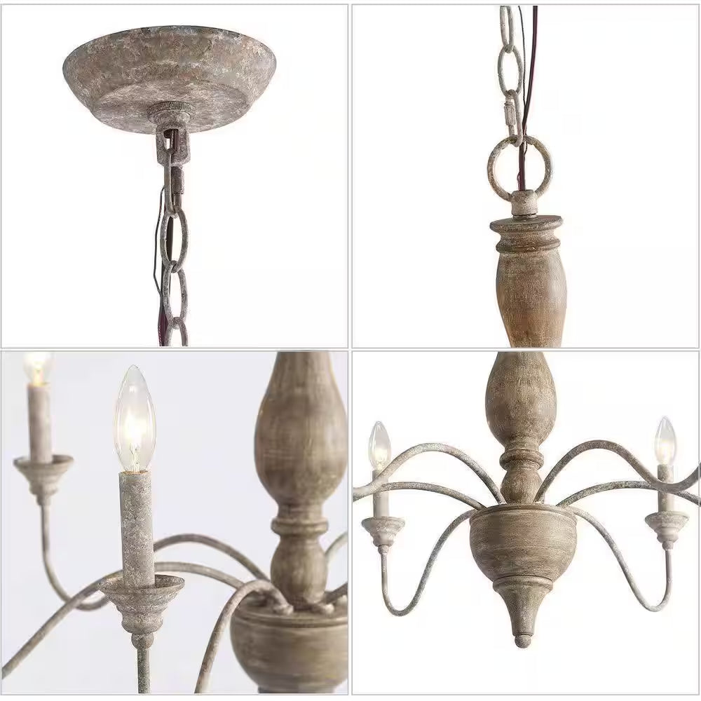 Wood Candlestick Chandelier 6-Light Distressed White Island Farmhouse Chandelier Rustic Pendant for Foyer with Open Arms