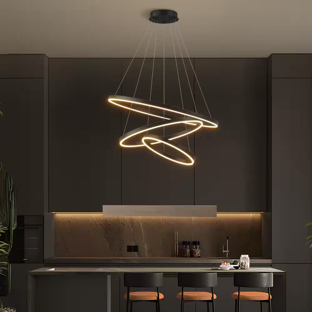 31 In. 3-Light Modern Black Geometric Adjustable Styling Tiered Integrated LED Chandelier for Bedroom and Kitchen Island