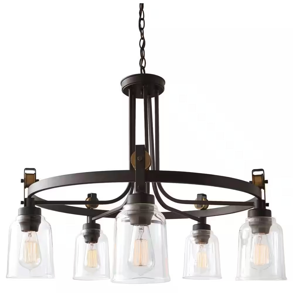 Knollwood 30 In. 5-Light Black Bronze with Brass Accents Industrial round Chandelier for Kitchens