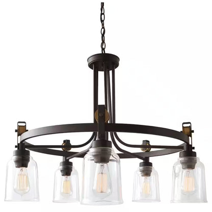 Knollwood 30 In. 5-Light Black Bronze with Brass Accents Industrial round Chandelier for Kitchens