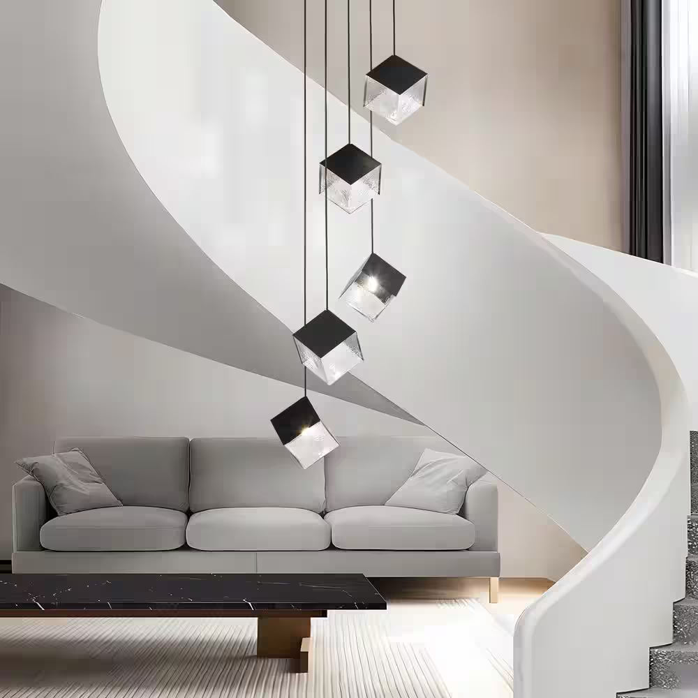 Noiredge Ice Cube 5-Light Black Pendant Cluster, Stairway Staircase Multi-Chandelier