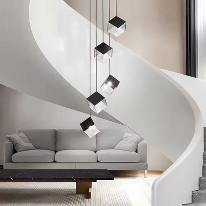 Noiredge Ice Cube 5-Light Black Pendant Cluster, Stairway Staircase Multi-Chandelier