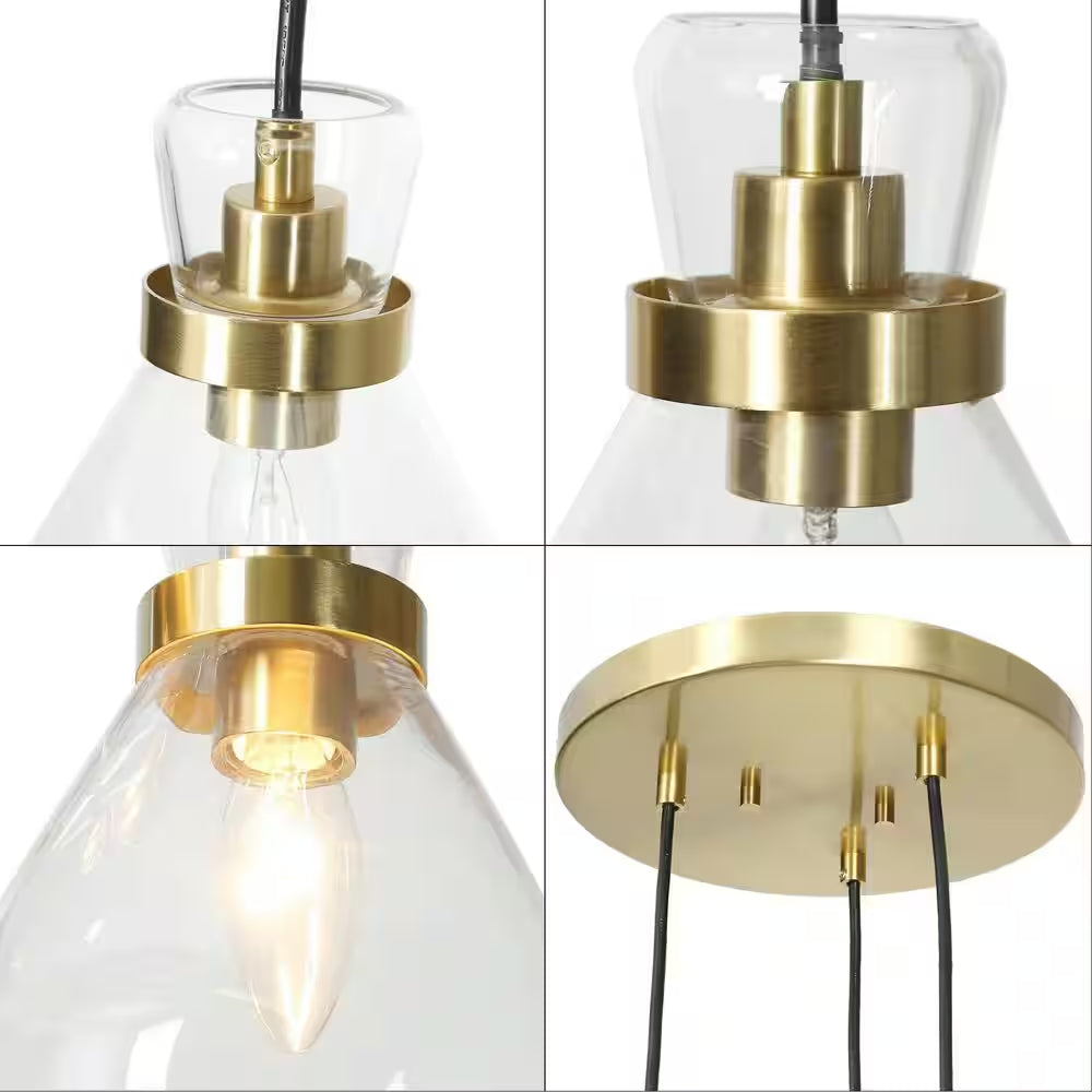 Transitional Dining Room Cluster Pendant Light 3-Light Plating Brass Pendant Light with Bell Textured Glass Shades