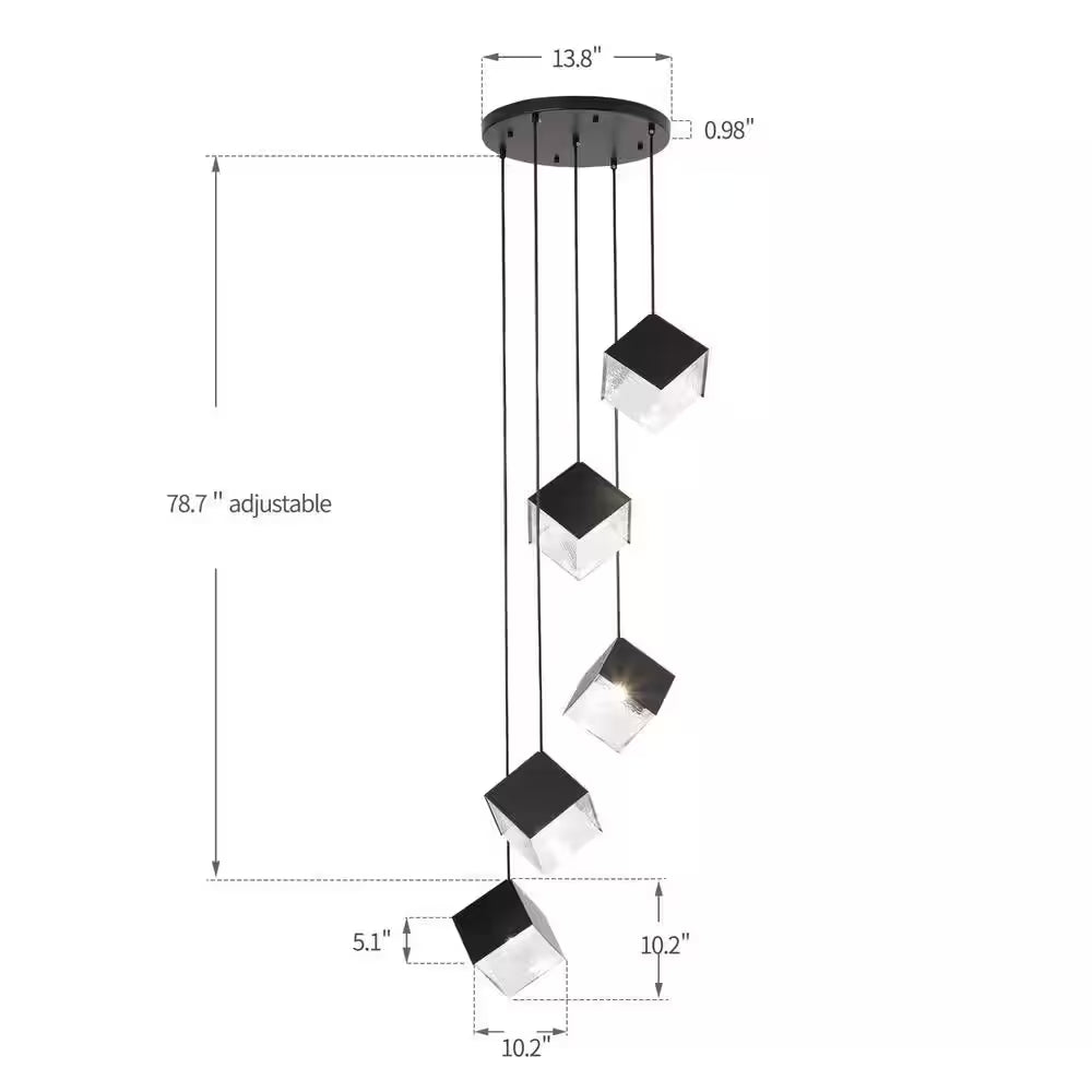 Noiredge Ice Cube 5-Light Black Pendant Cluster, Stairway Staircase Multi-Chandelier