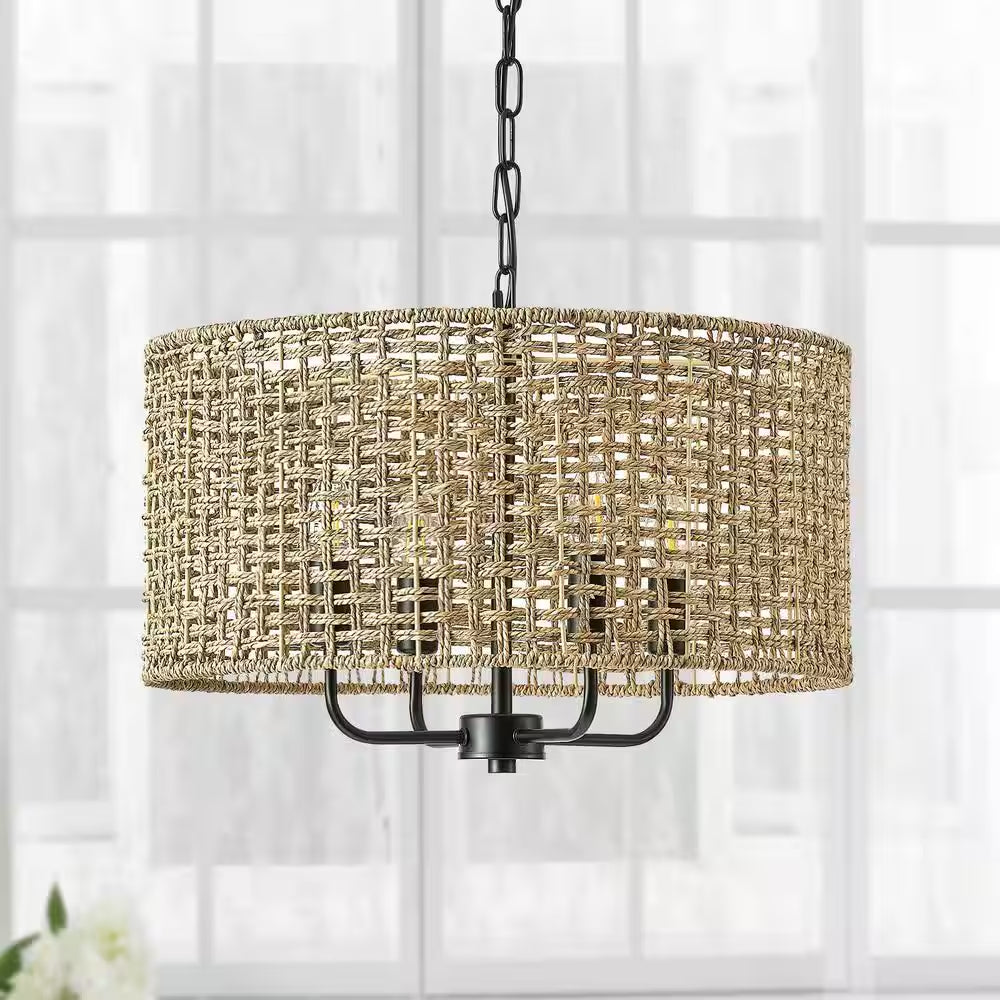 19.7 In. 4-Light Rattan Yellow Bohemian Chandelier for Foyer Dining Room