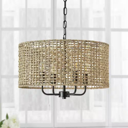 19.7 In. 4-Light Rattan Yellow Bohemian Chandelier for Foyer Dining Room