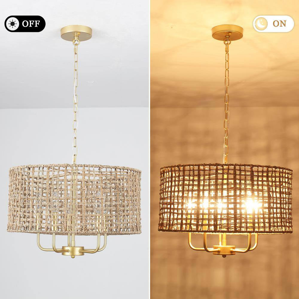Nevarez 18.9 In. 5-Light Gold Bohemian Pendant Natural Rattan Dimmable Chandelier with Hand Woven Drum Shade
