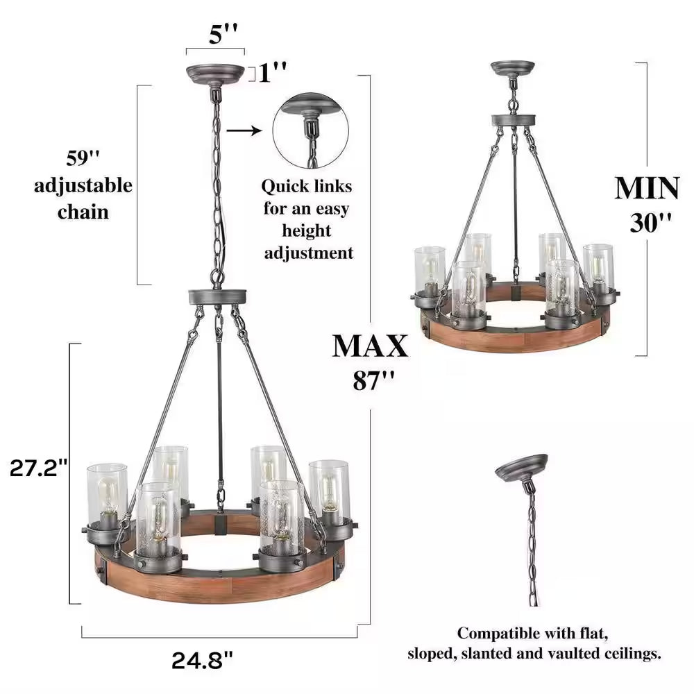 Bronze Farmhouse Chandelier Wood Wagon Wheel 6-Light Rustic Chandelier for Foyer with Seedy Glass and Aged Silver Metal