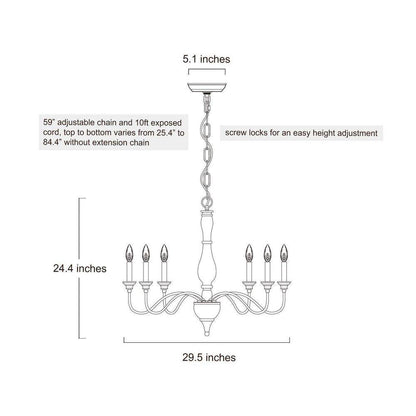 Wood Candlestick Chandelier 6-Light Distressed White Island Farmhouse Chandelier Rustic Pendant for Foyer with Open Arms