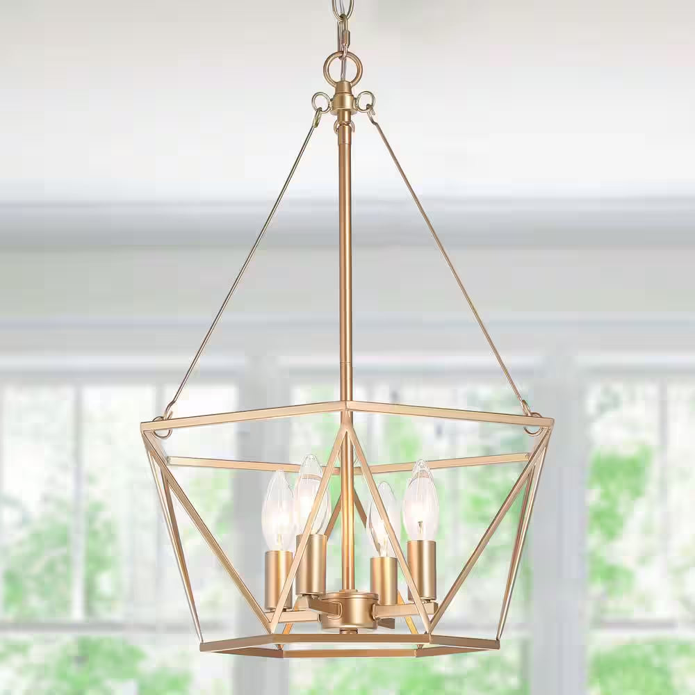 Modern Gold Dining Room Chandelier, 15.7 In. 4-Light Farmhouse Cage Bedroom Chandelier Pendant Light for Kitchen Island