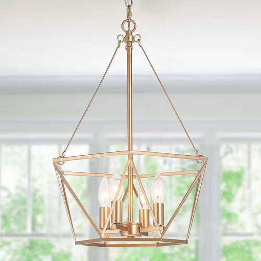 Modern Gold Dining Room Chandelier, 15.7 In. 4-Light Farmhouse Cage Bedroom Chandelier Pendant Light for Kitchen Island