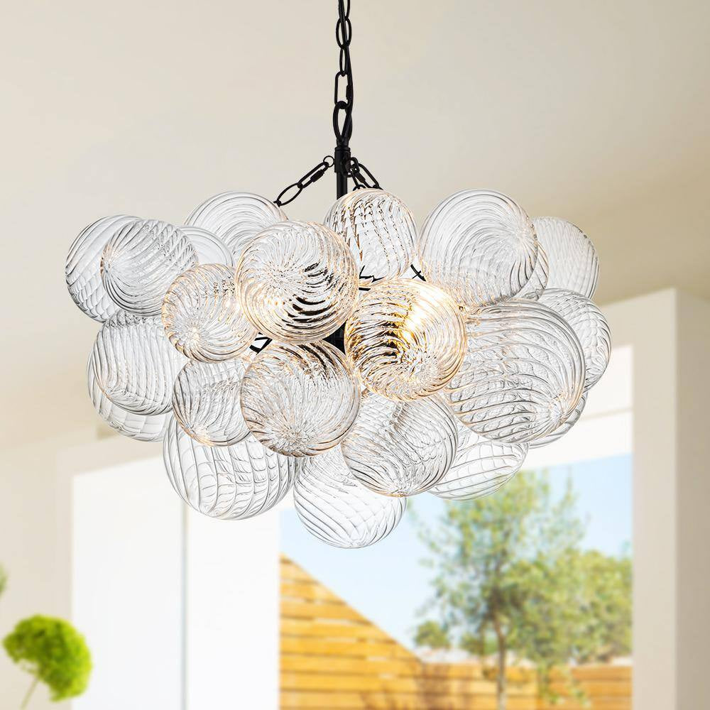 Neuvy 3-Light 23.6 In. W Black Chandelier with Swirled-Glass Orb Cluster Bubble Ribbed Glass Chandelier for Living Room