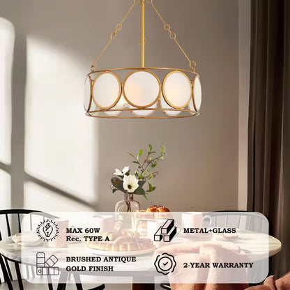 3-Light Antique Gold Modern Pendant Light, Frosted Glass round Chandelier, Transitional Dining Room Drum Chandelier